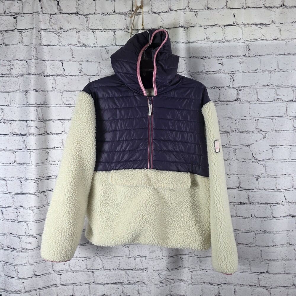 Ivory Ella Pullover Women's SMALL Cream Purple 1/2 Zip Hood Sherpa Puffer Jacket